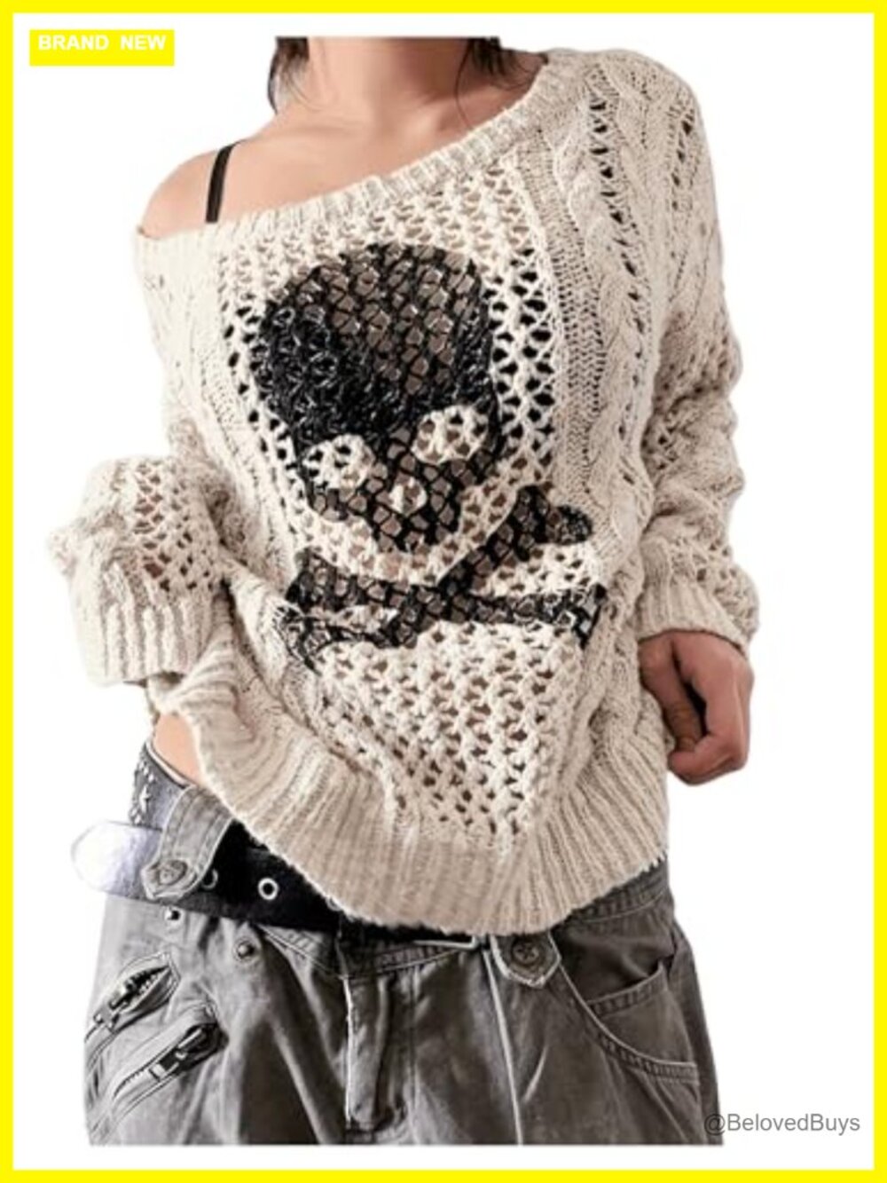 Skull Print Hollow Out Loose Knit Off Shoulder Sheer Sweater Goth Grunge